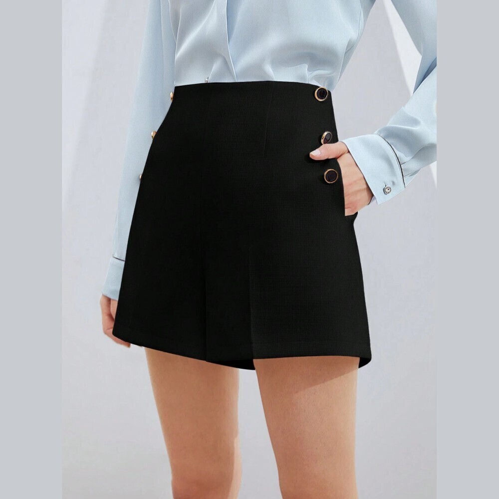 Black Button-Trim High-Waist Shorts